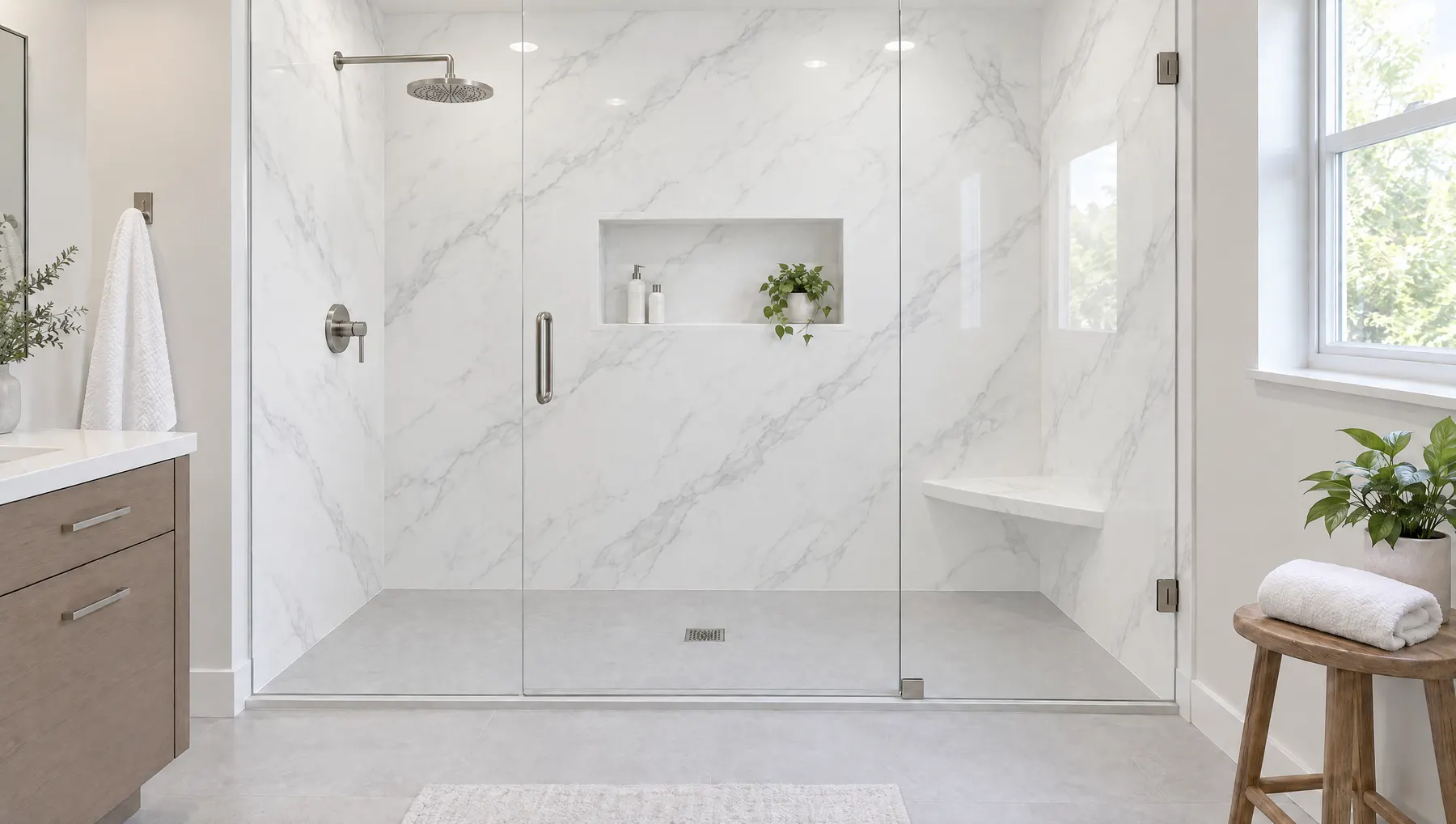 Walk-in shower with seamless marble-look wall panels