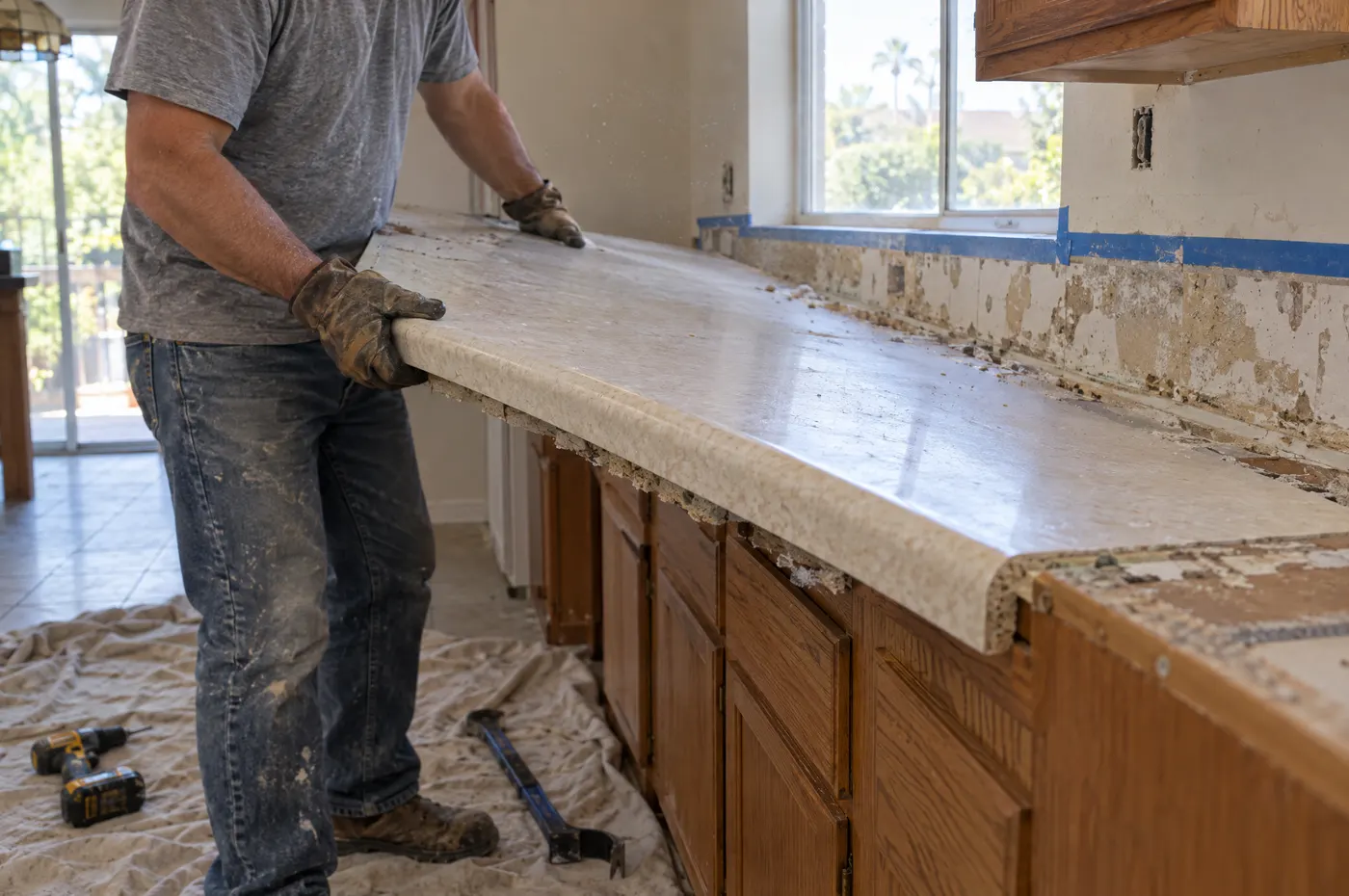 Old countertop being removed during a tear-out