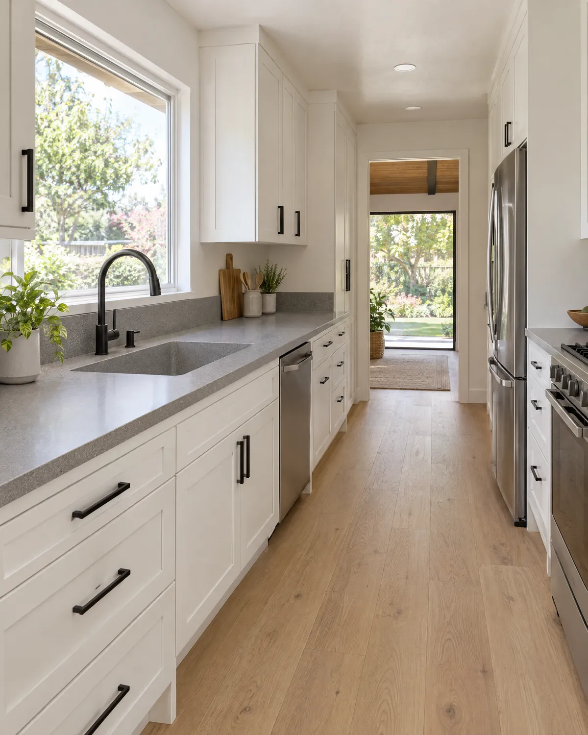 Galley kitchen with grey speckled solid surface countertops