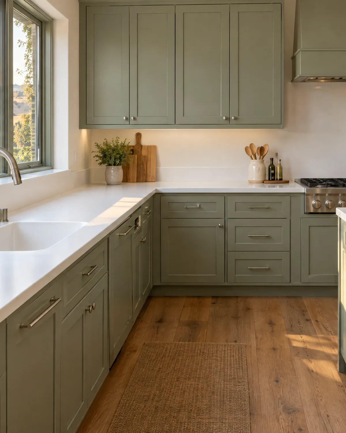 Kitchen with white solid surface countertops