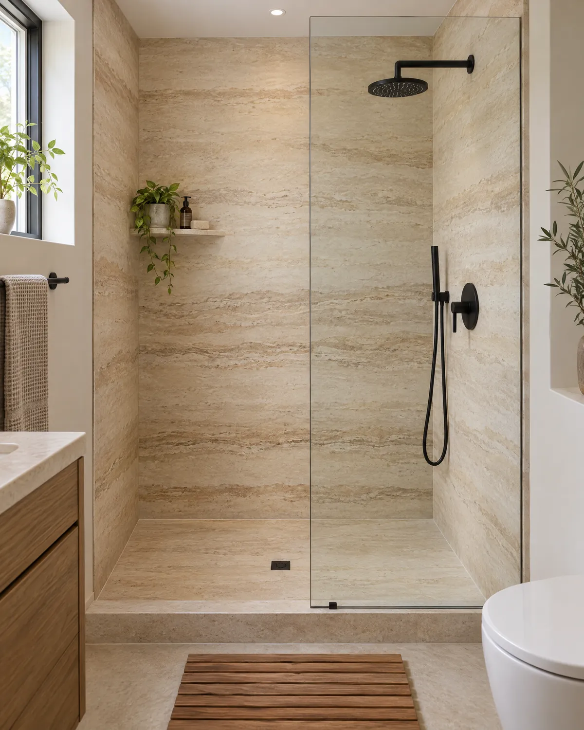 Guest shower with travertine-look solid surface walls